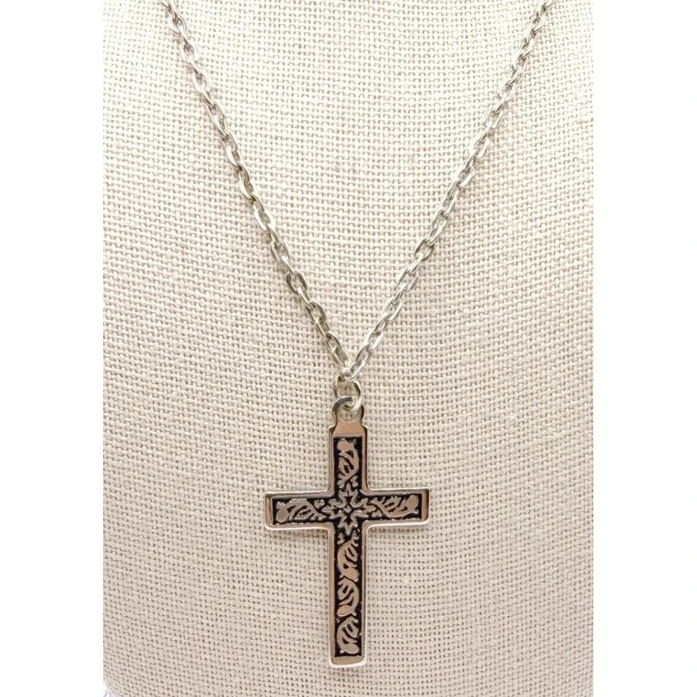Silver Tone Engraved Christian Cross Pendant Necklace 20